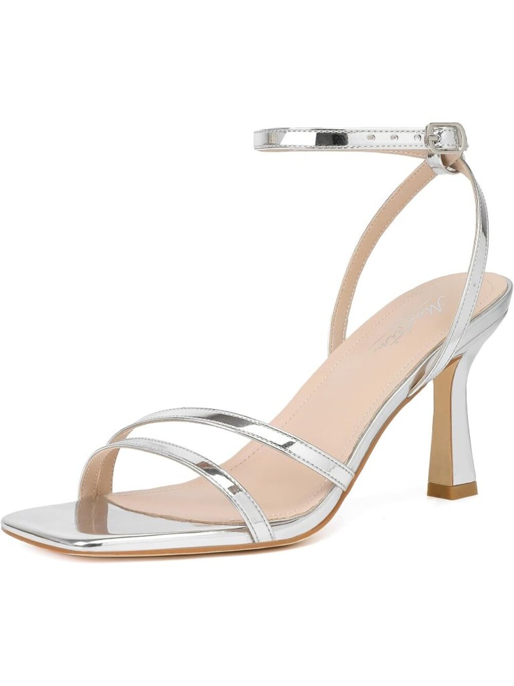Women's Silver Sandals Strappy Heels Ankle Strap Lace Up Square Open Toe Heels